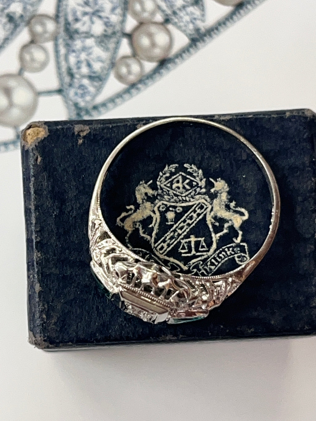 Art Deco Diamond & Emerald Filigree 18K White Gold Ring, Engagement Band