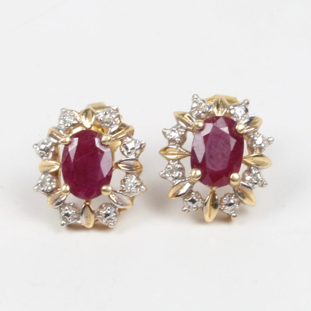 Vintage 14K Two Tone Gold Ruby & Diamonds Studs Earrings