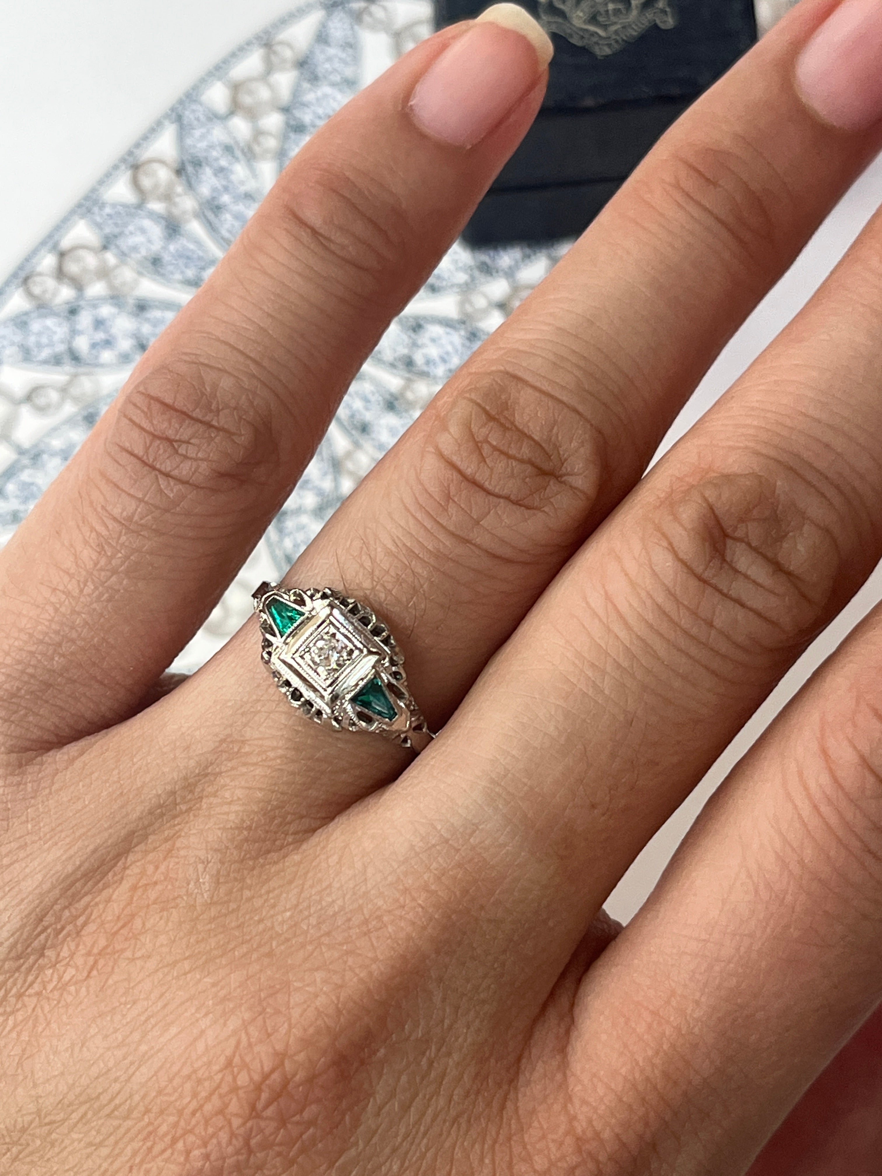 Art Deco Diamond & Emerald Filigree 18K White Gold Ring, Engagement Band