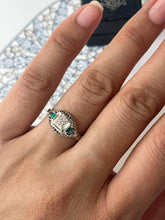 Load image into Gallery viewer, Art Deco Diamond &amp; Emerald Filigree 18K White Gold Ring, Engagement Band.
