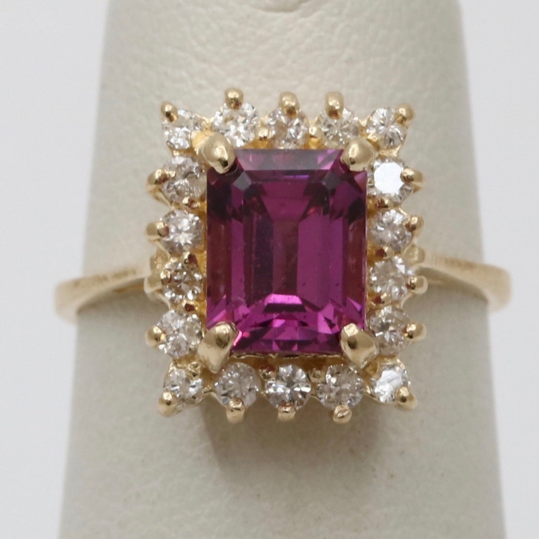 Vintage Pink Rhodolite Garnet Diamond 14K Yellow Gold Ring