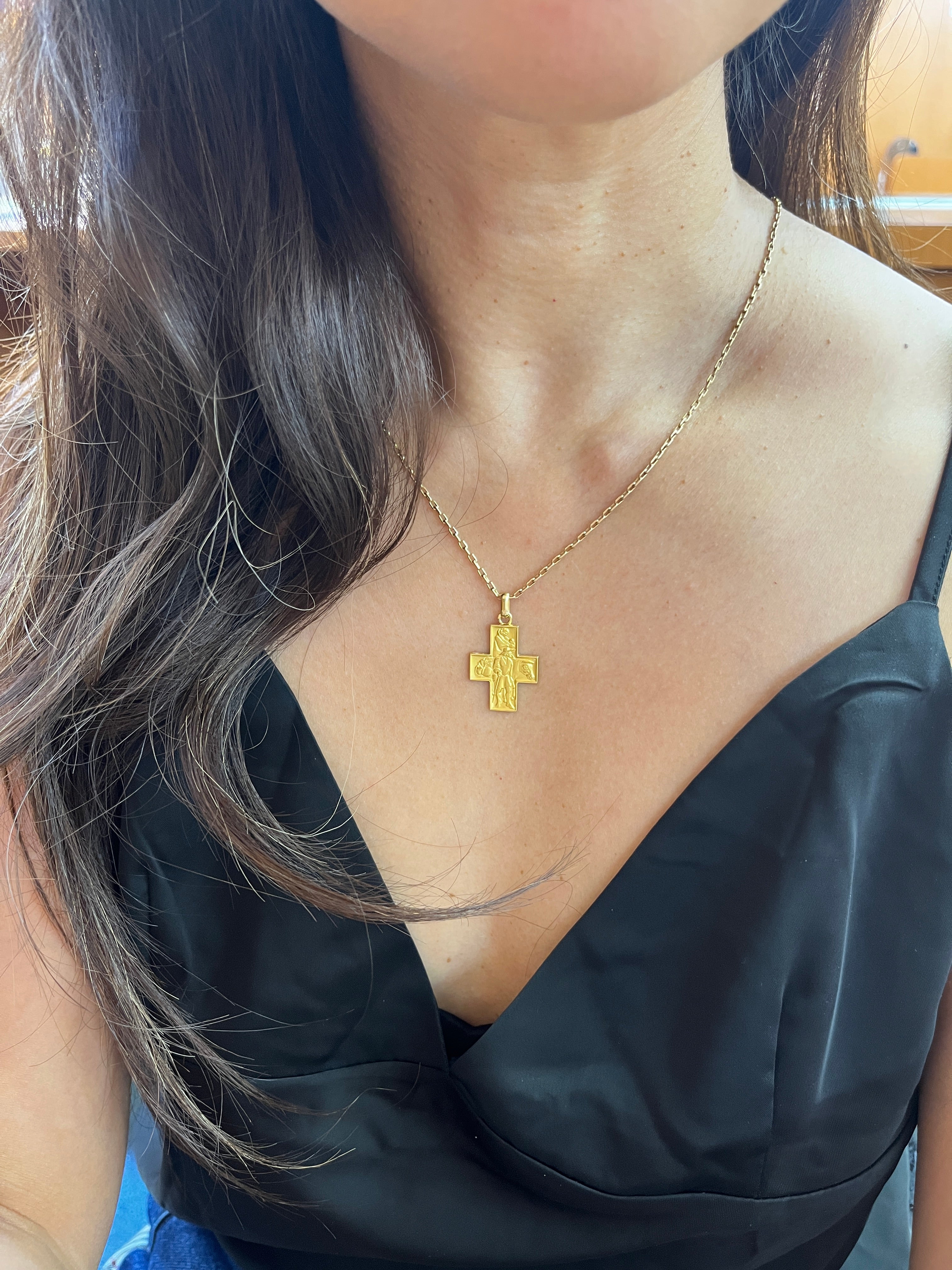 Vintage 18K Yellow Gold Mary & Jesus Cross Charm Pendant