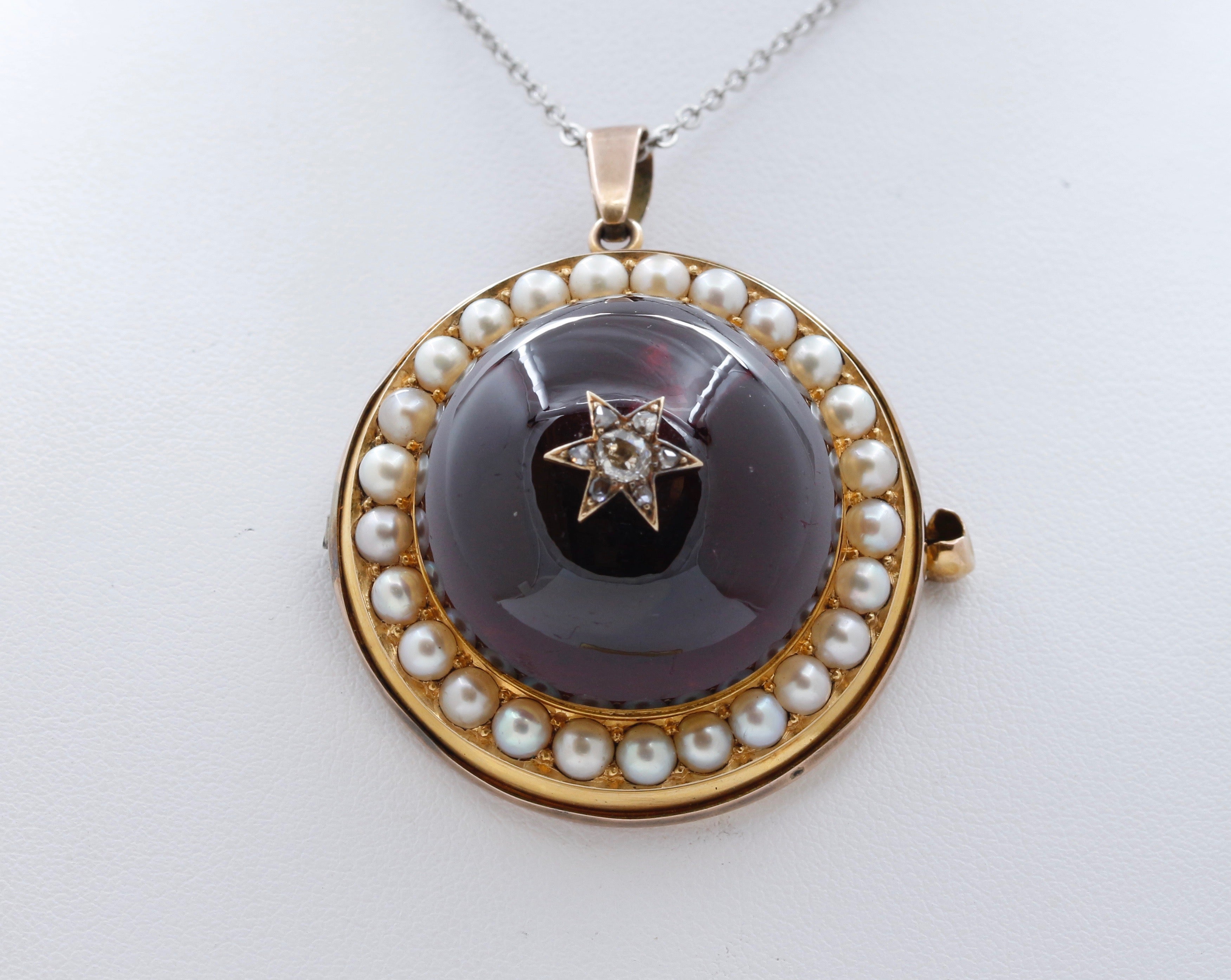 Huge Victorian Garnet Diamonds Pearls 18K Yellow Rose Gold Pendant Brooch Pin