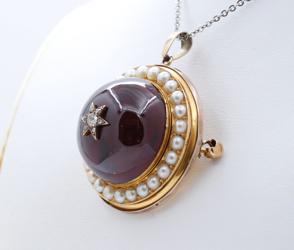 Huge Victorian Garnet Diamonds Pearls 18K Yellow Rose Gold Pendant Brooch Pin