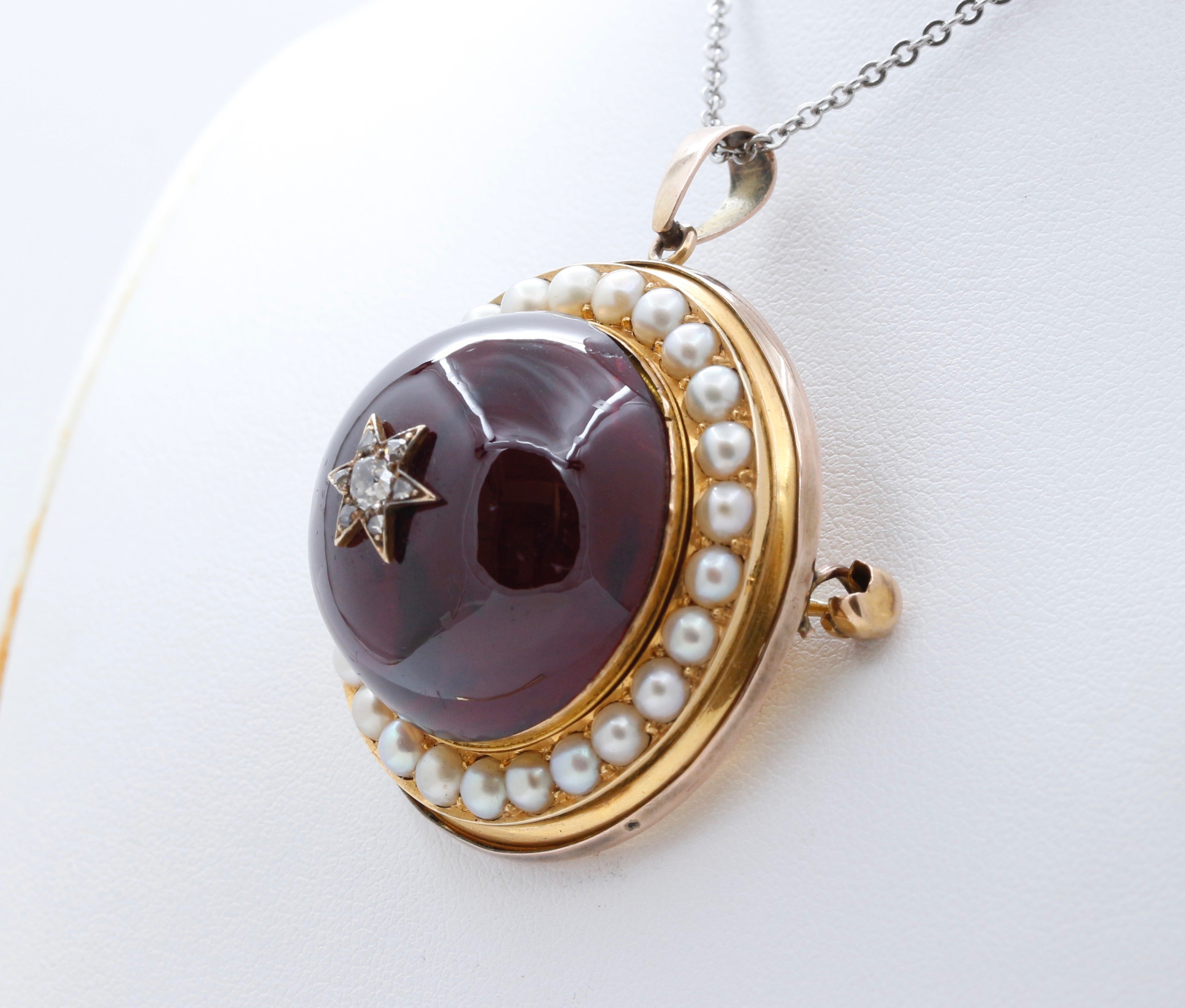 Huge Victorian Garnet Diamonds Pearls 18K Yellow Rose Gold Pendant Brooch Pin