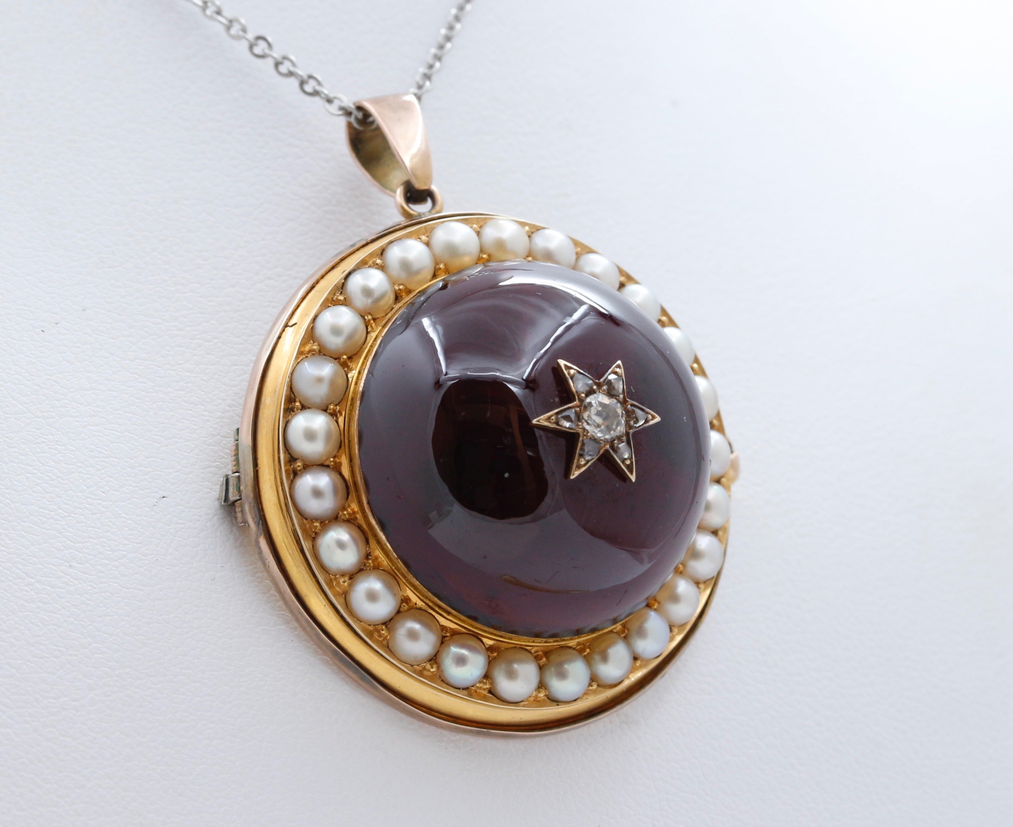 Huge Victorian Garnet Diamonds Pearls 18K Yellow Rose Gold Pendant Brooch Pin