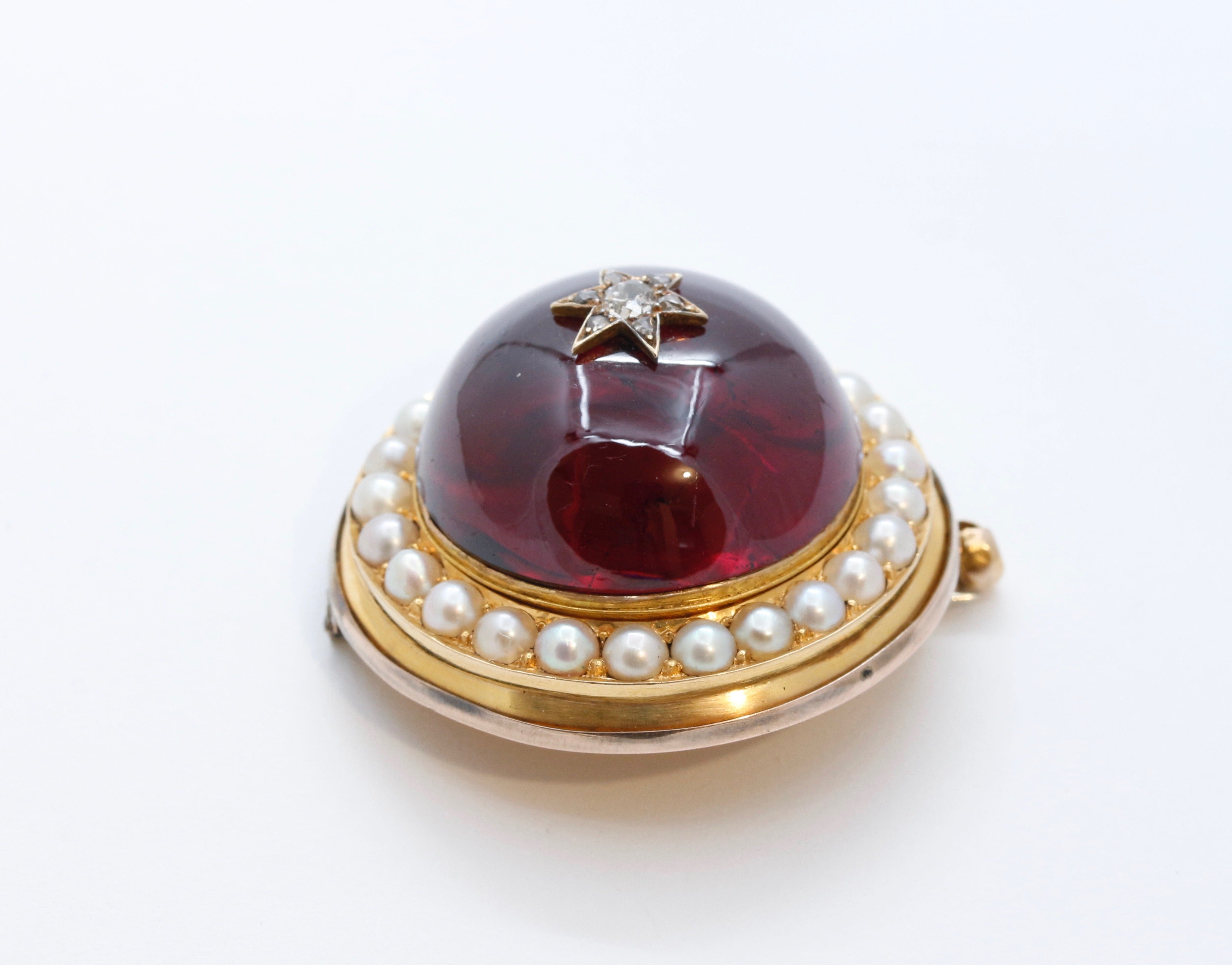 Huge Victorian Garnet Diamonds Pearls 18K Yellow Rose Gold Pendant Brooch Pin