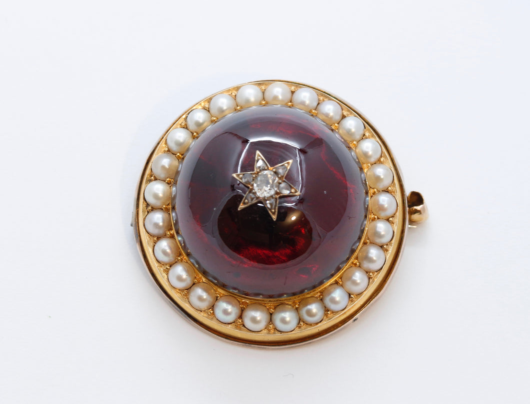 Huge Victorian Garnet Diamonds Pearls 18K Yellow Rose Gold Pendant Brooch Pin