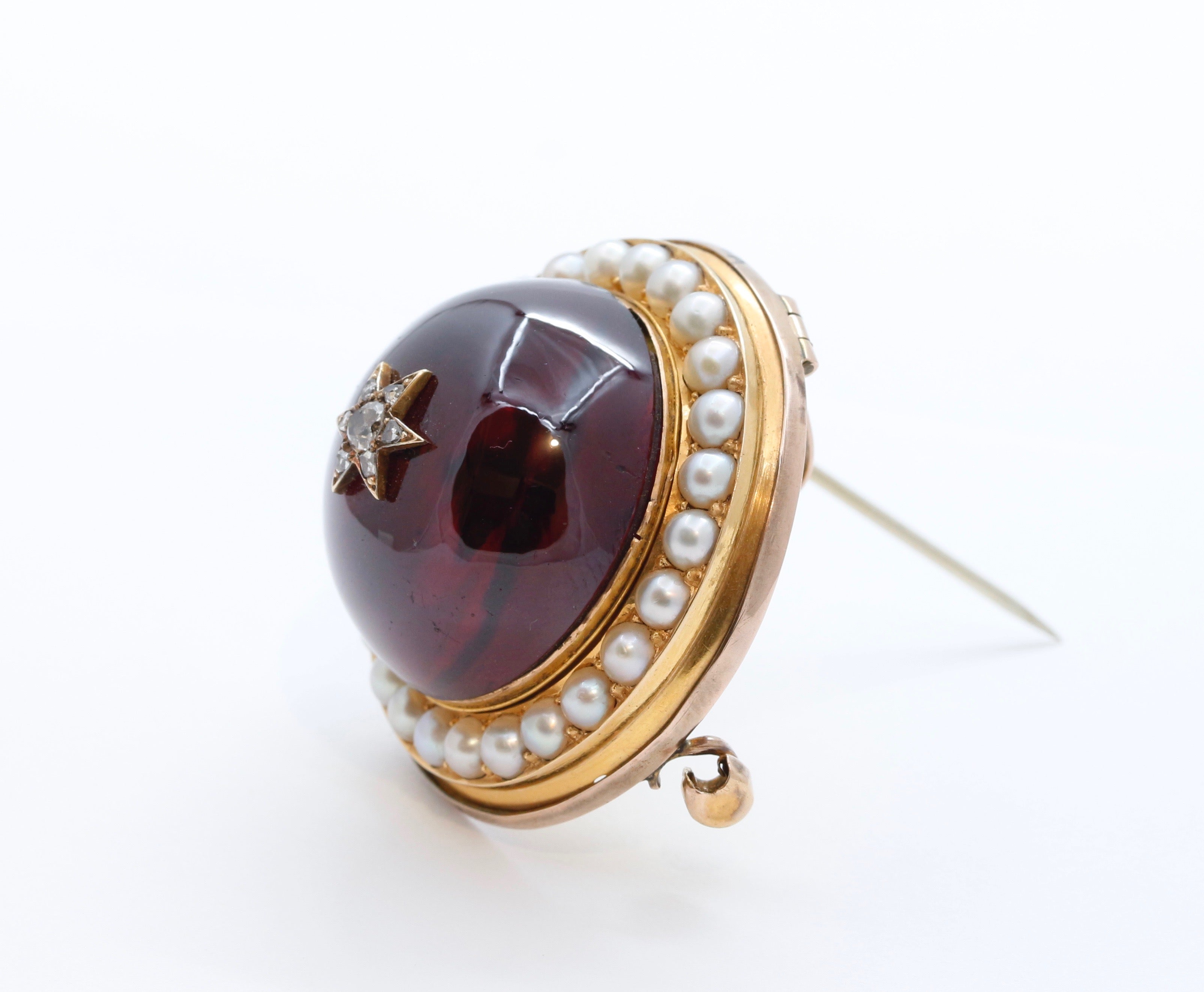 Huge Victorian Garnet Diamonds Pearls 18K Yellow Rose Gold Pendant Brooch Pin