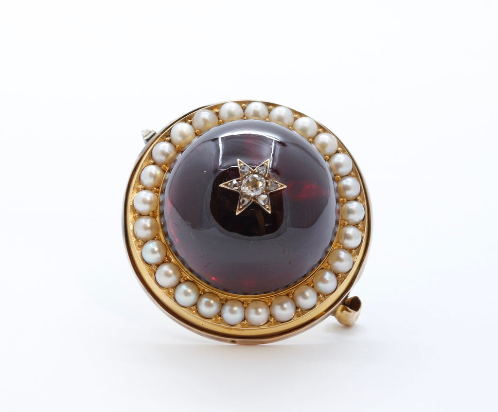 Huge Victorian Garnet Diamonds Pearls 18K Yellow Rose Gold Pendant Brooch Pin