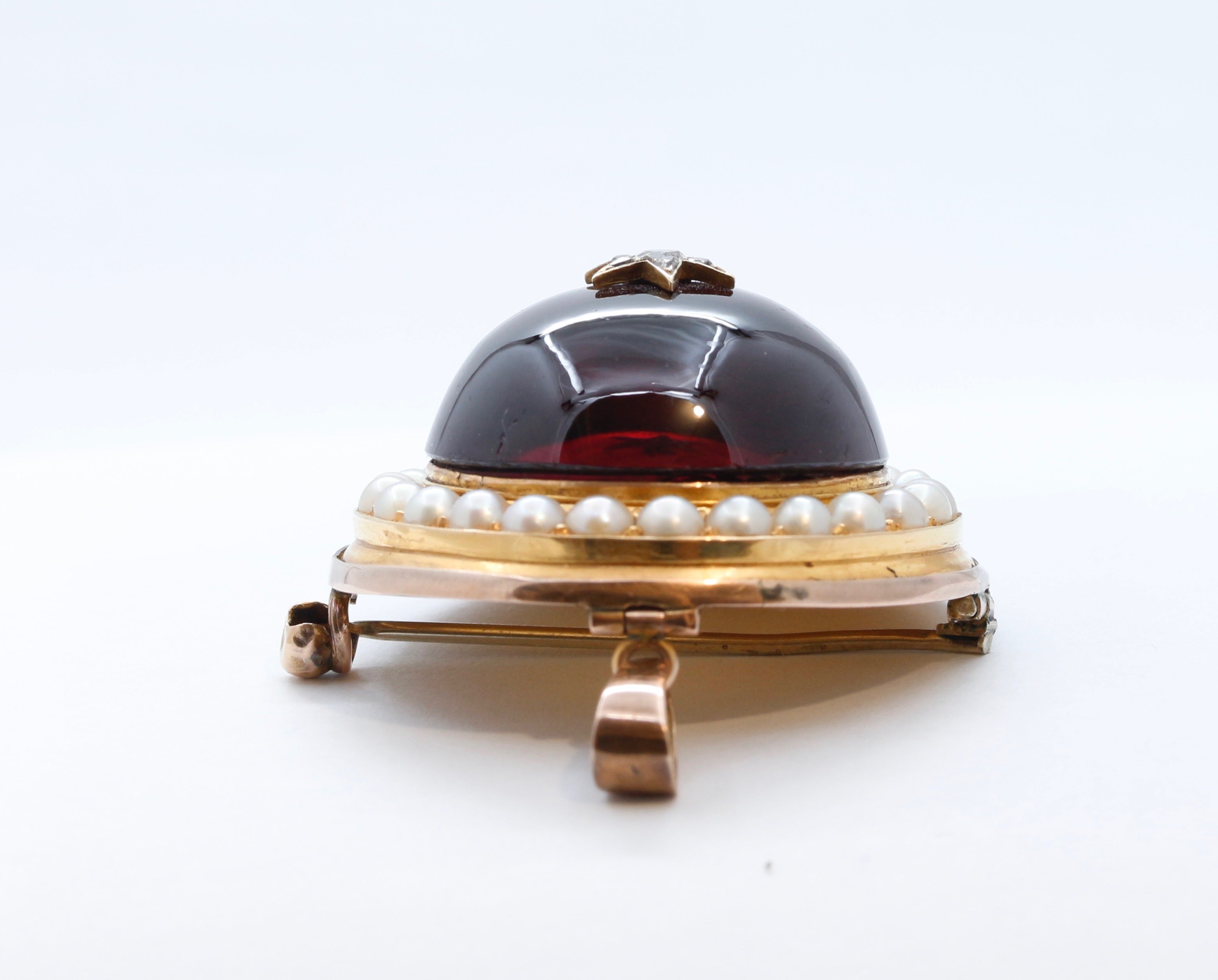 Huge Victorian Garnet Diamonds Pearls 18K Yellow Rose Gold Pendant Brooch Pin