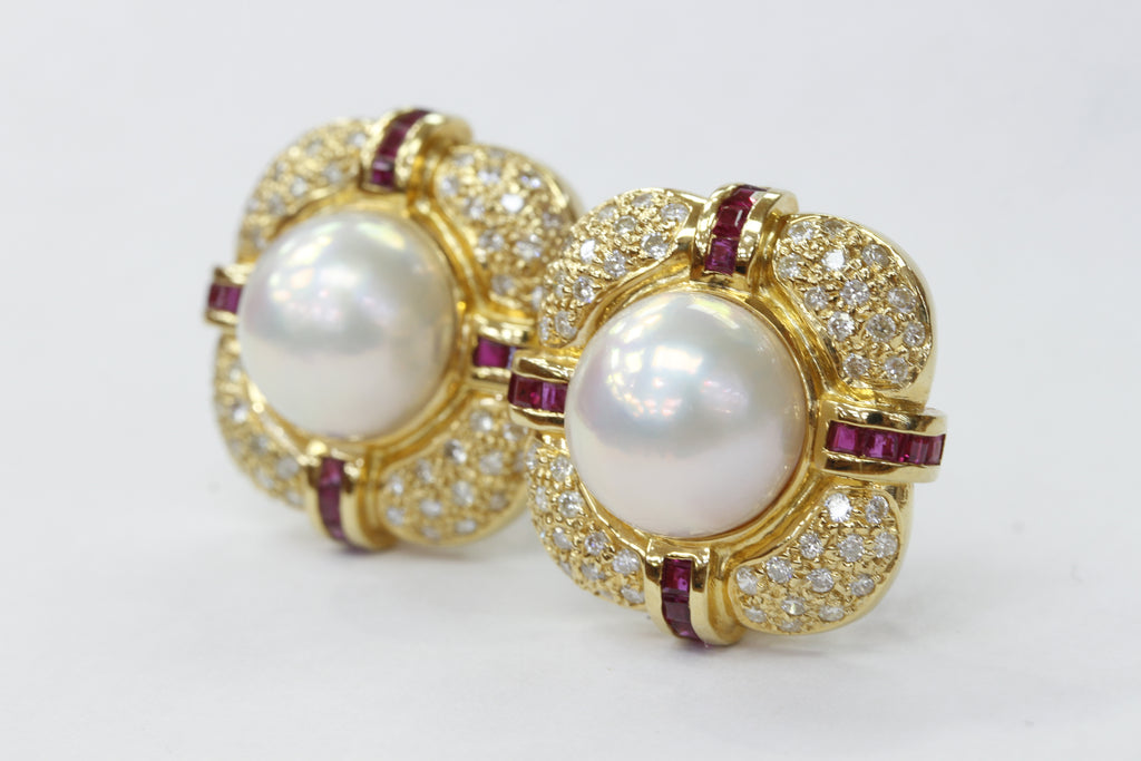 Vintage Mabe Pearl Diamond & Ruby Button Clip Earrings