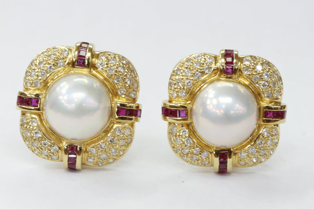 Vintage Mabe Pearl Diamond & Ruby Button Clip Earrings