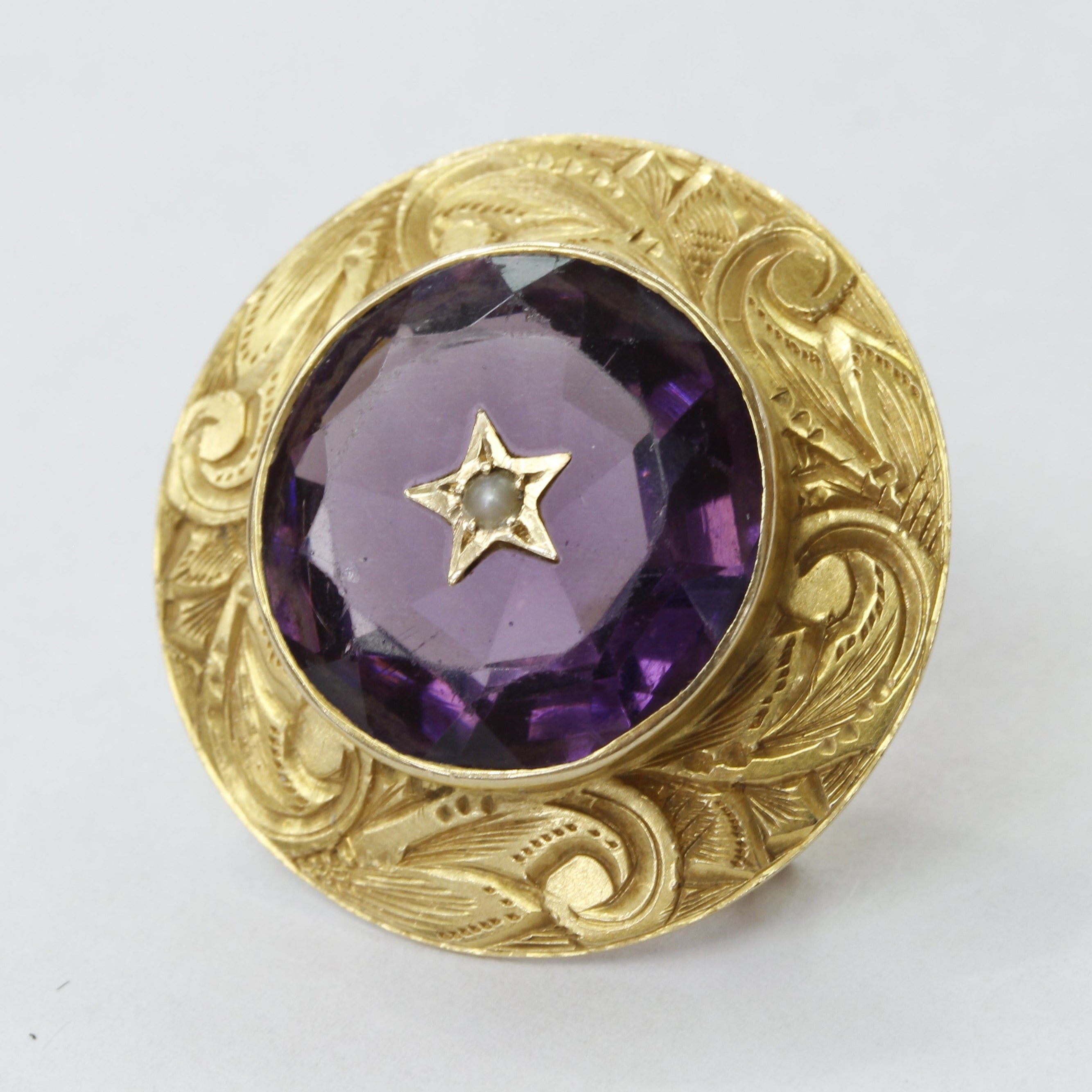 Victorian 14K Yellow Gold Amethyst & Seed Pearl Brooch Pin