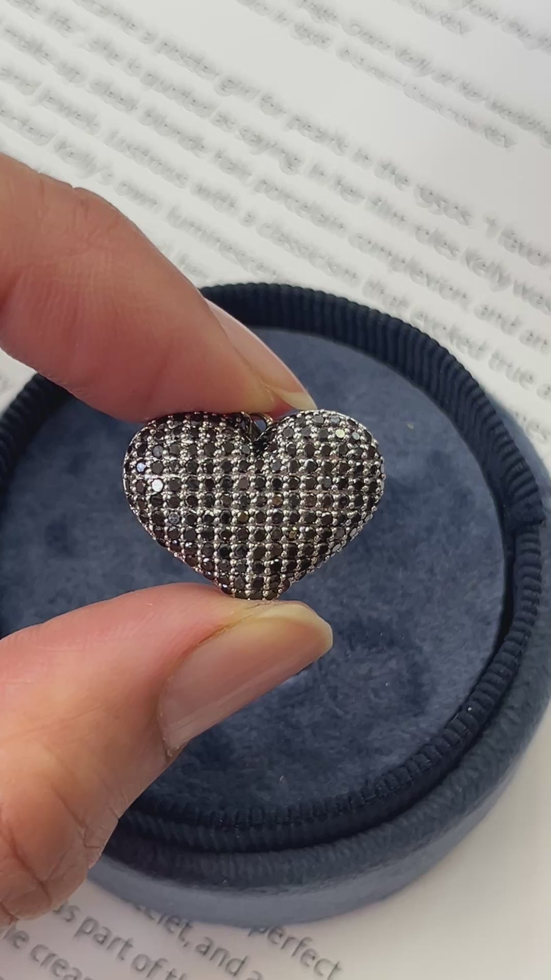 Vintage 14K White Gold Diamond & Black Diamond Puffed Heart Pendant