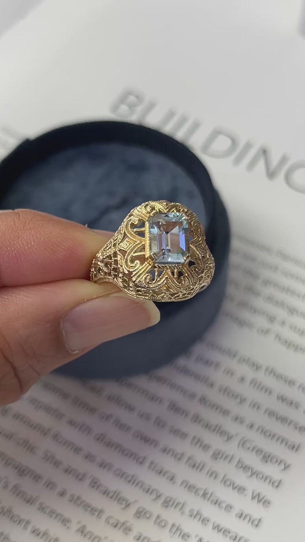 Vintage 10K Yellow Gold Filigree Blue Topaz Ring