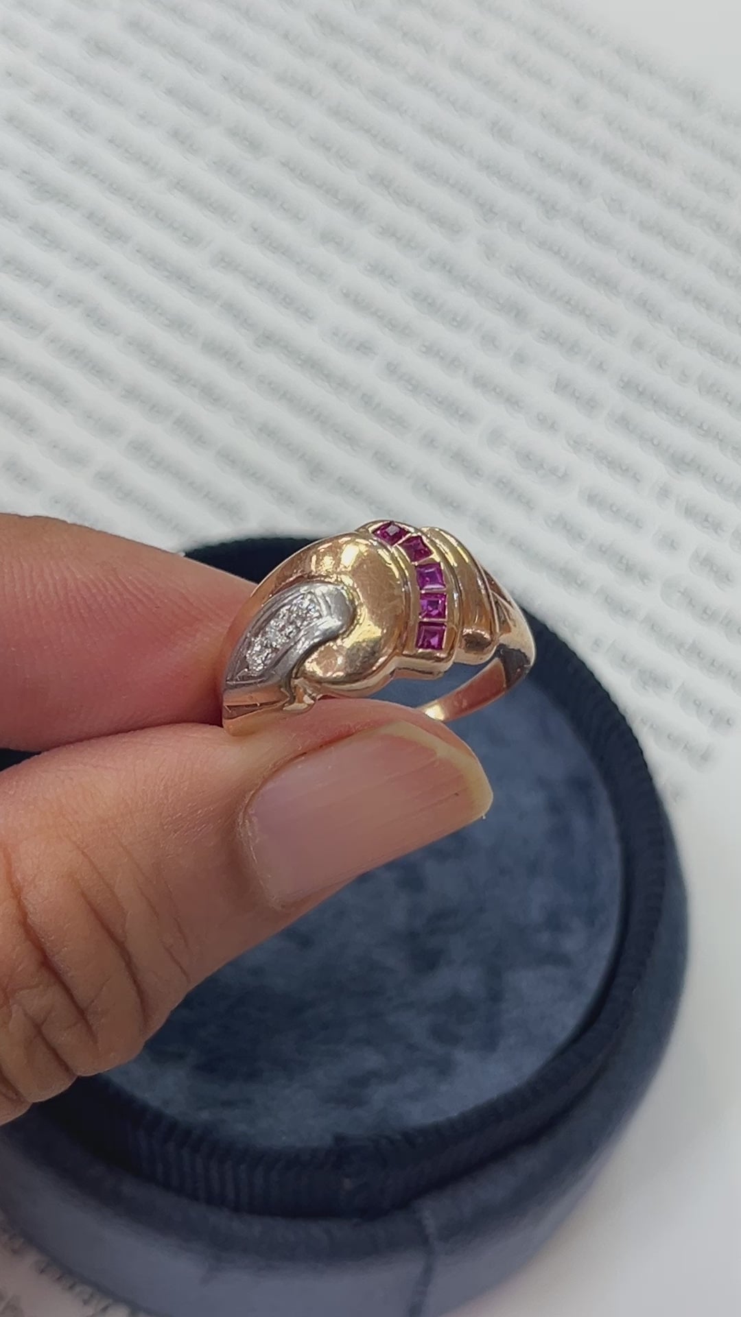 Vintage Retro 14K Rose Gold Diamond & Ruby Ring