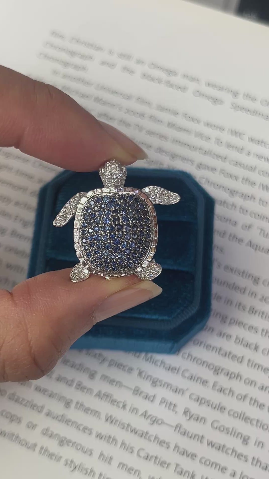 Sapphire & Diamond Turtle 14K White Gold Brooch Pendant