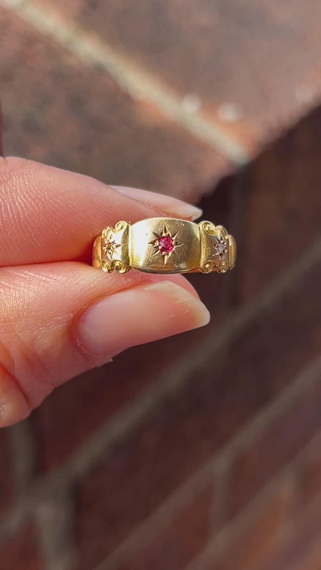 English Victorian 15K Yellow Gold Tourmaline & Diamond Band