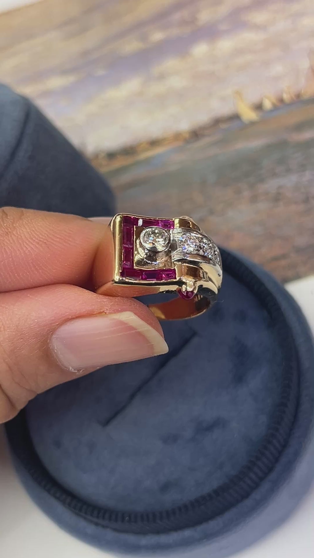 Vintage Retro 1940’s Diamond & Ruby Buckle Ring