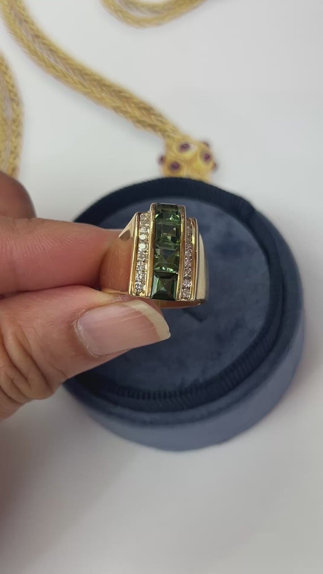 Funky Green Stone & Diamond 14K Yellow Gold Statement Ring