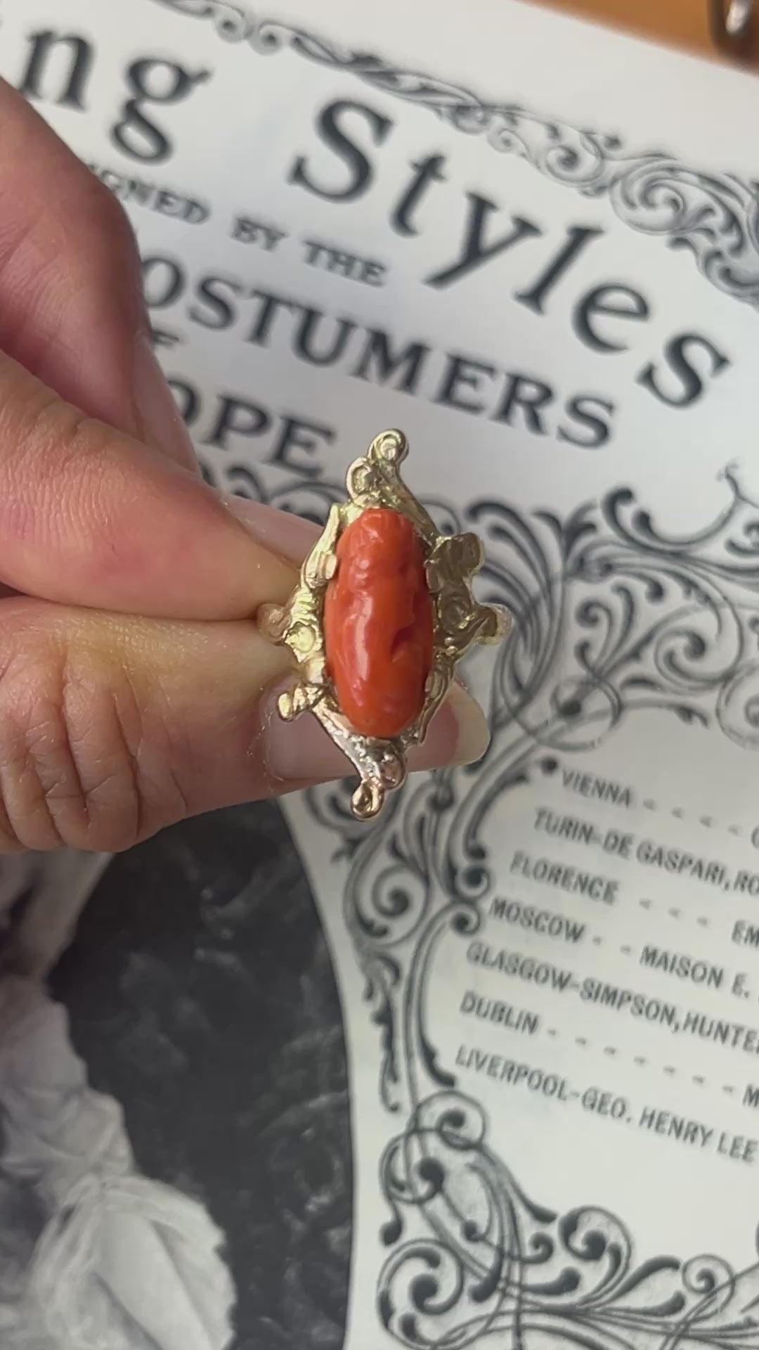 Victorian 14K Yellow Gold Carved Coral Woman’s Portrait Ring.
