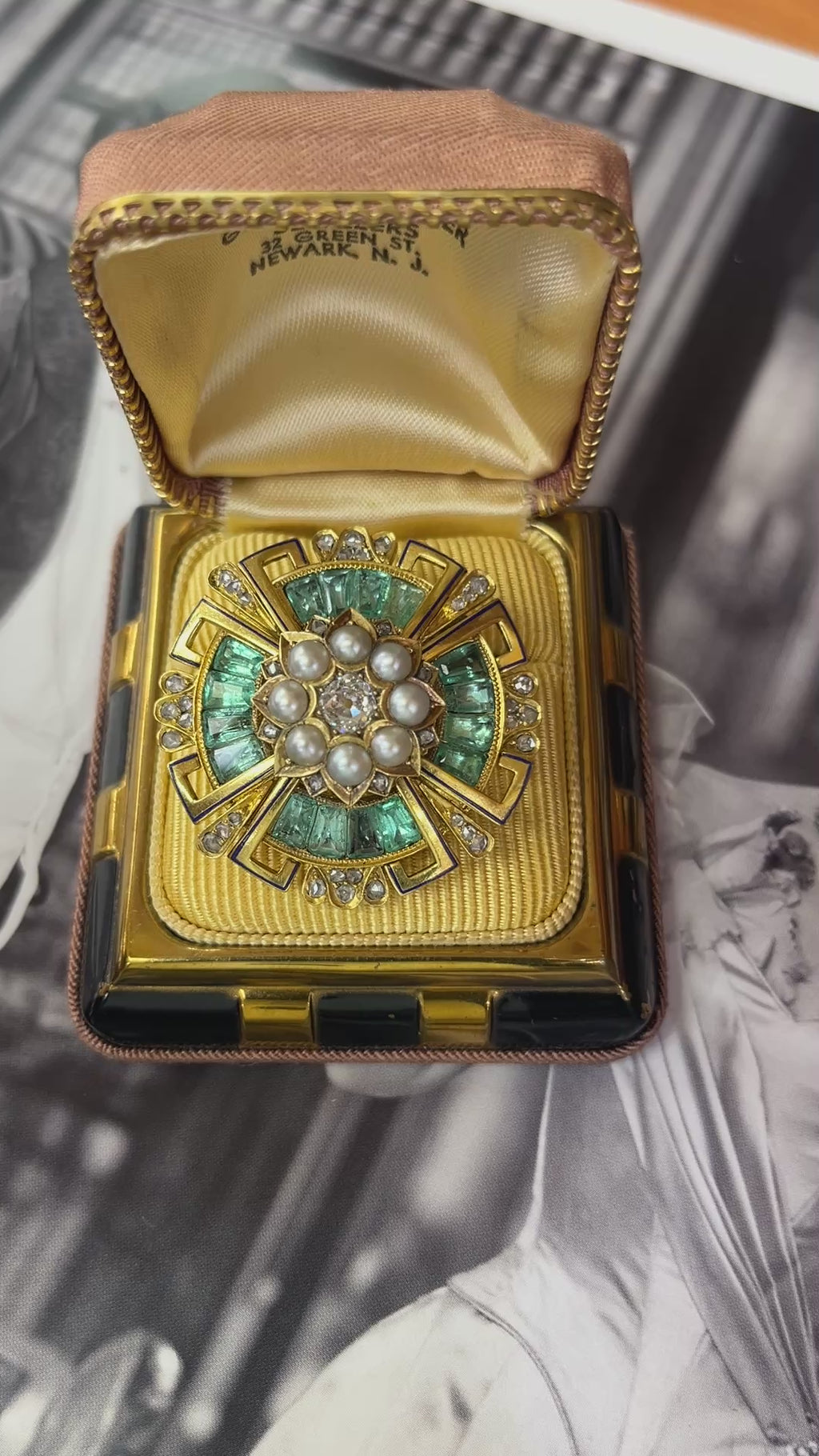Antique 14K Yellow Gold Emerald, Diamond and Pearl Brooch