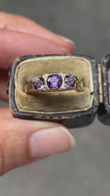 Load and play video in Gallery viewer, Victorian 14K Yellow Gold Three Stones Amethyst &amp; Diamond Ring
