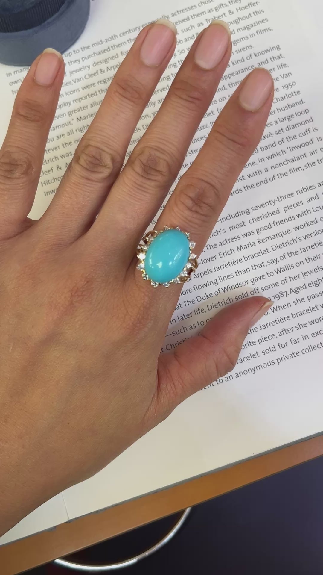 Vintage 14K Yellow Gold Large Natural Turquoise Diamond Halo Ring