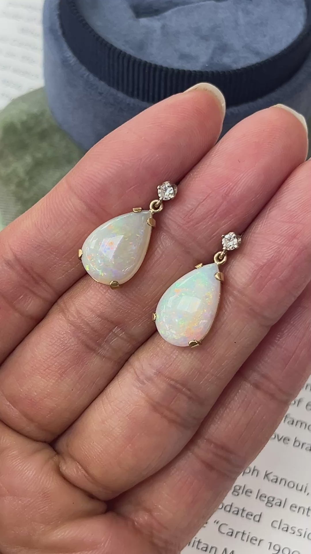 Vintage 14K Yellow Gold Teardrop Ethiopian Opal & Diamond  Dangling Earrings