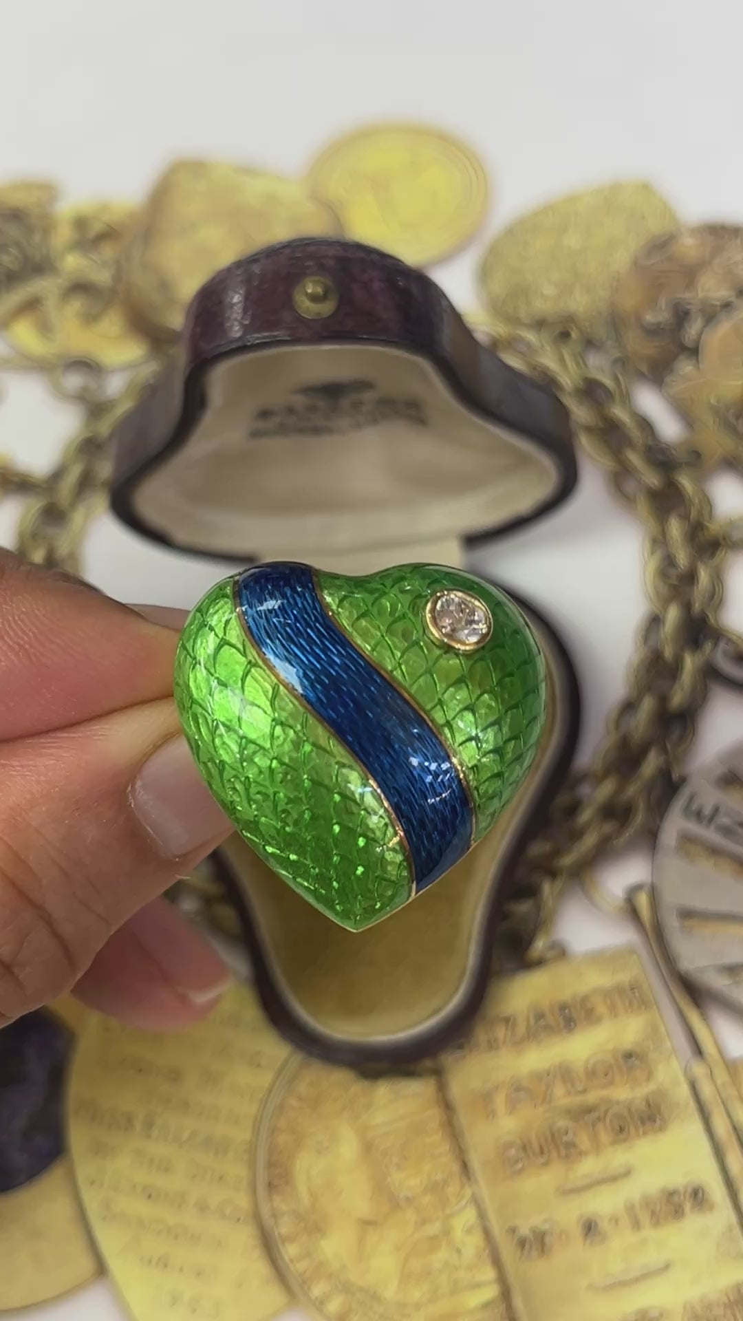 1930’s Faberge Russian Diamond Green Enamel Heart Brooch