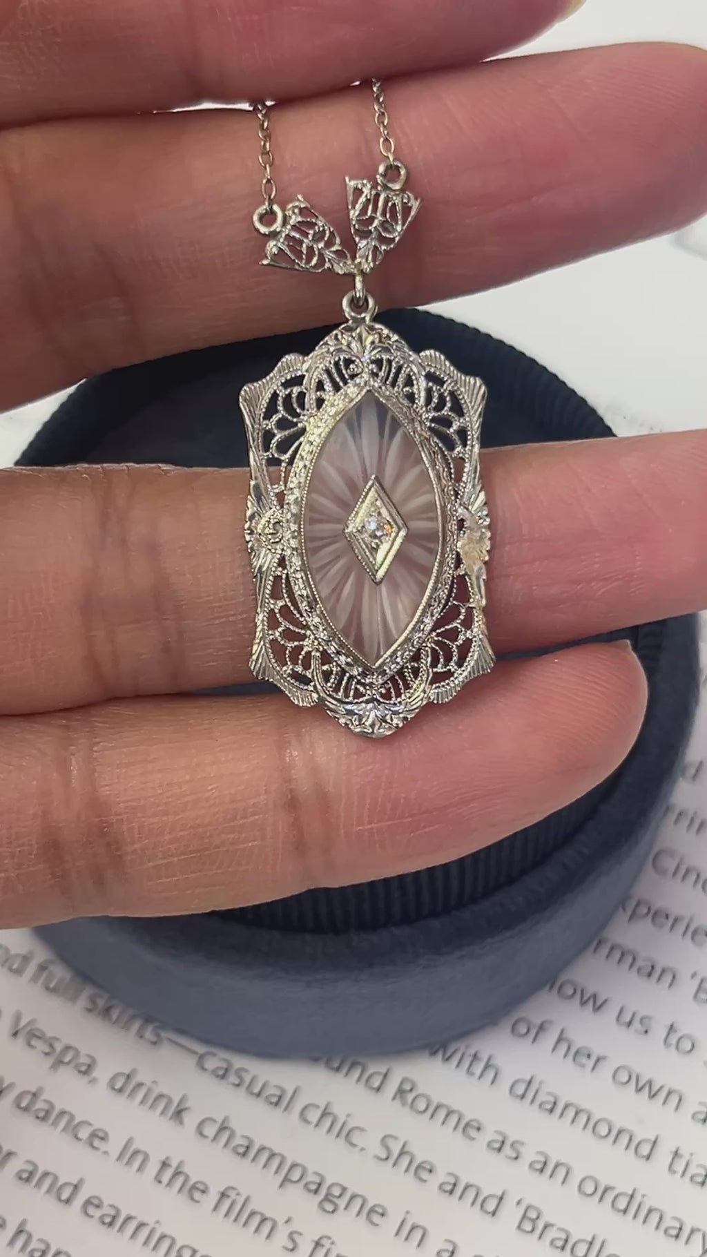 Art Deco 14K White Gold Camphor Glass Diamond Pendant Necklace