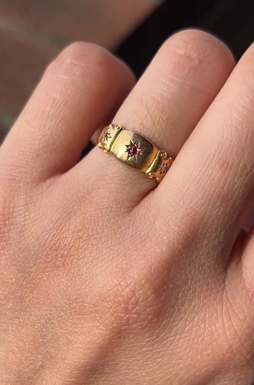 English Victorian 15K Yellow Gold Tourmaline & Diamond Band