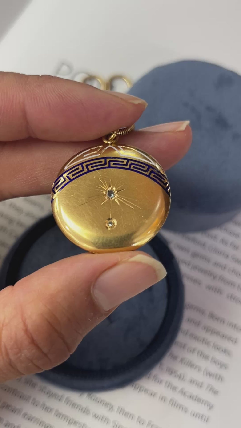 Art Deco 18K Yellow Gold Greek Key Enamel Diamond Locket Pendant