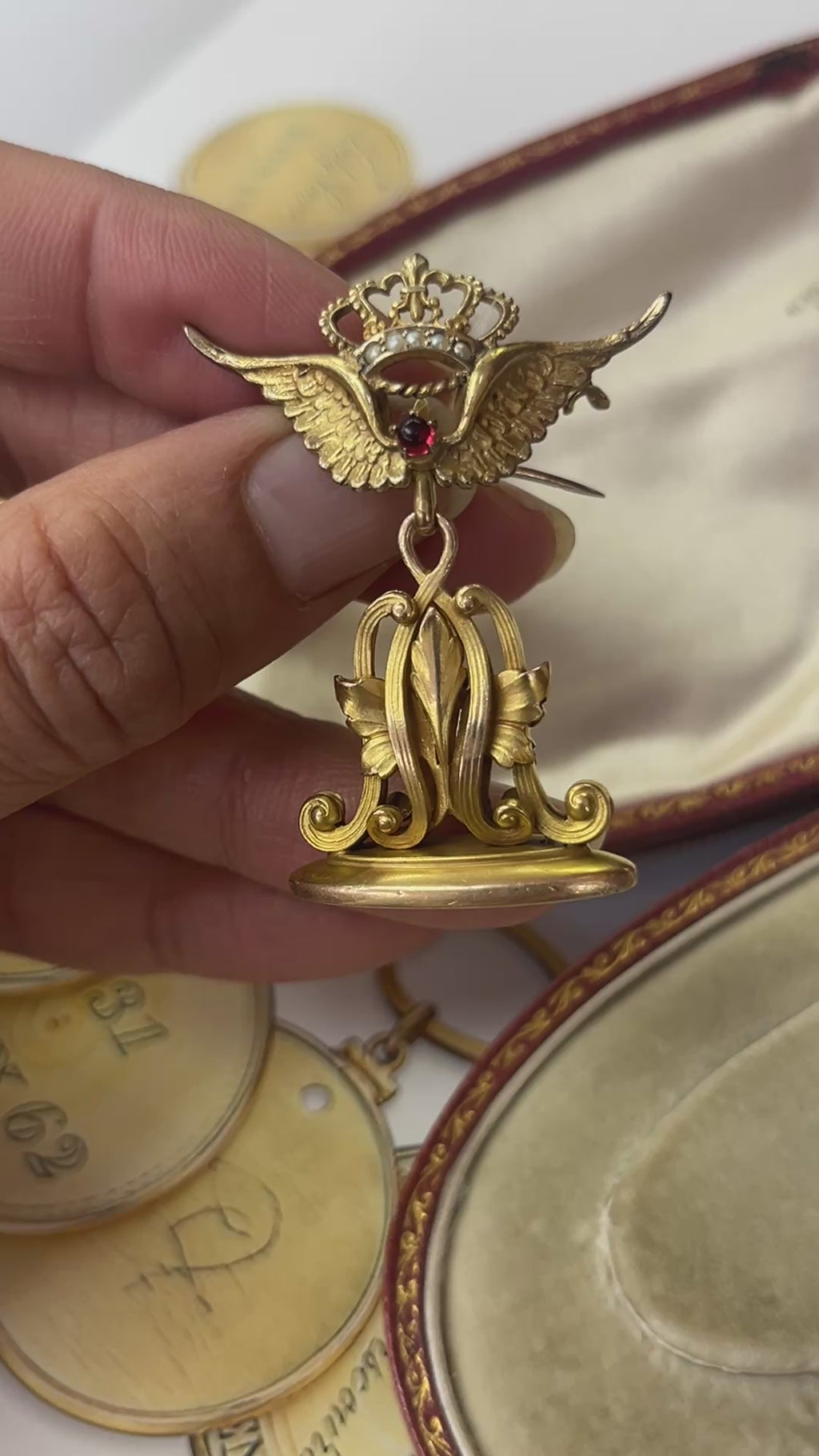 Antique Victorian Opened  Wing Crown 14K Yellow Gold Watch Fob Pendant Brooch