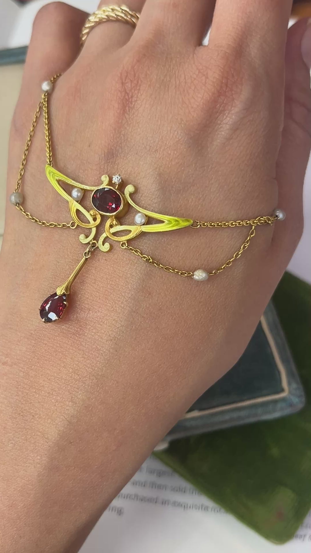 Art Nouveau 14K Yellow Gold Garnet & Pearl Enamel Festoon Necklace.