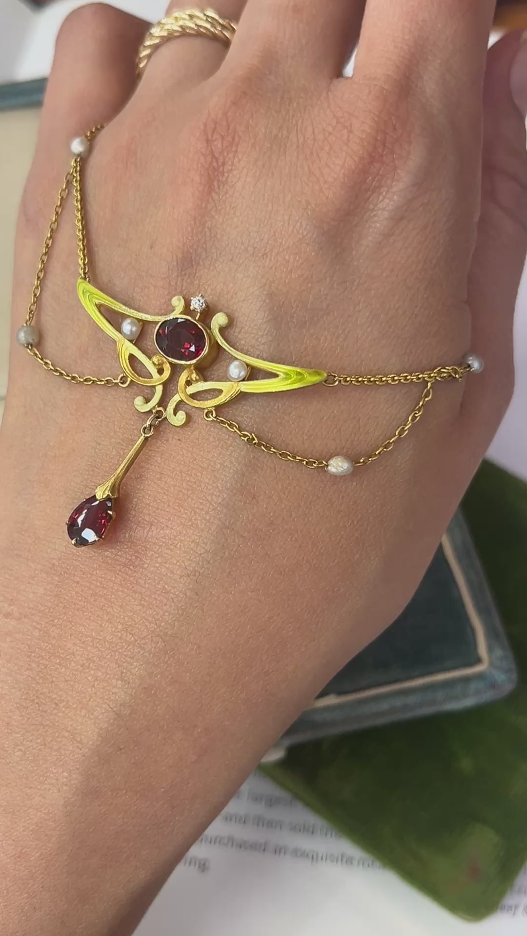 Art Nouveau 14K Yellow Gold Garnet & Pearl Enamel Festoon Necklace.