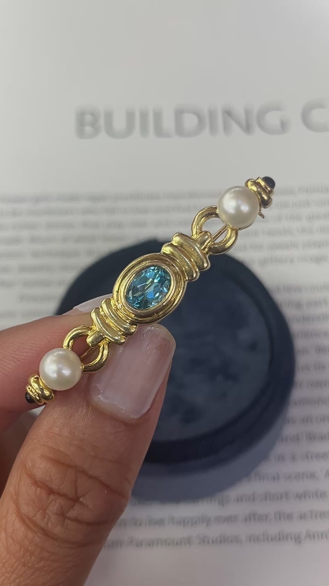Vintage 14K Yellow Gold Pearl & Blue Zircon Bar Pin