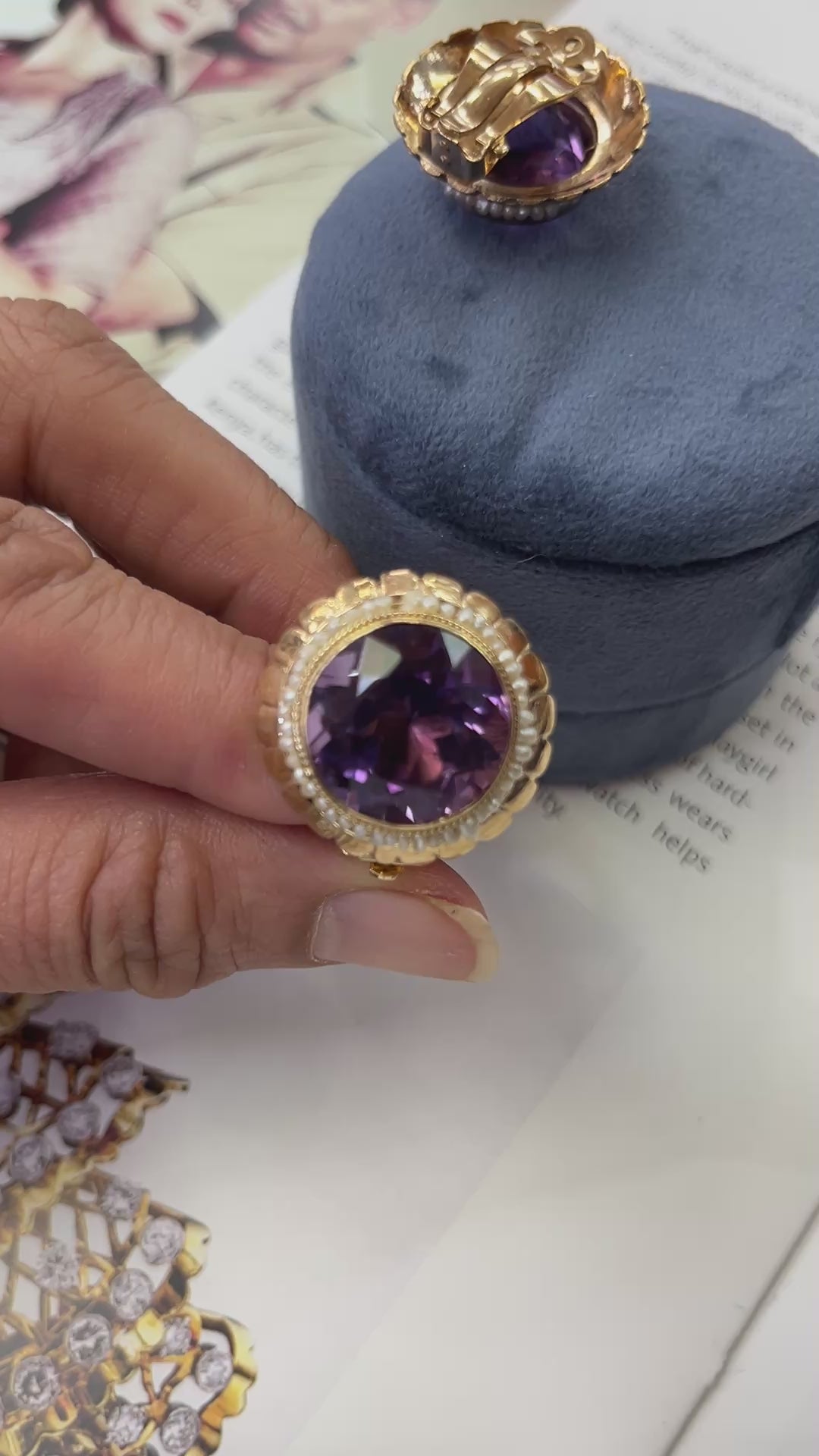 Vintage Round Cut Amethyst Beaded Seed Pearl Halo Button Clip Earrings
