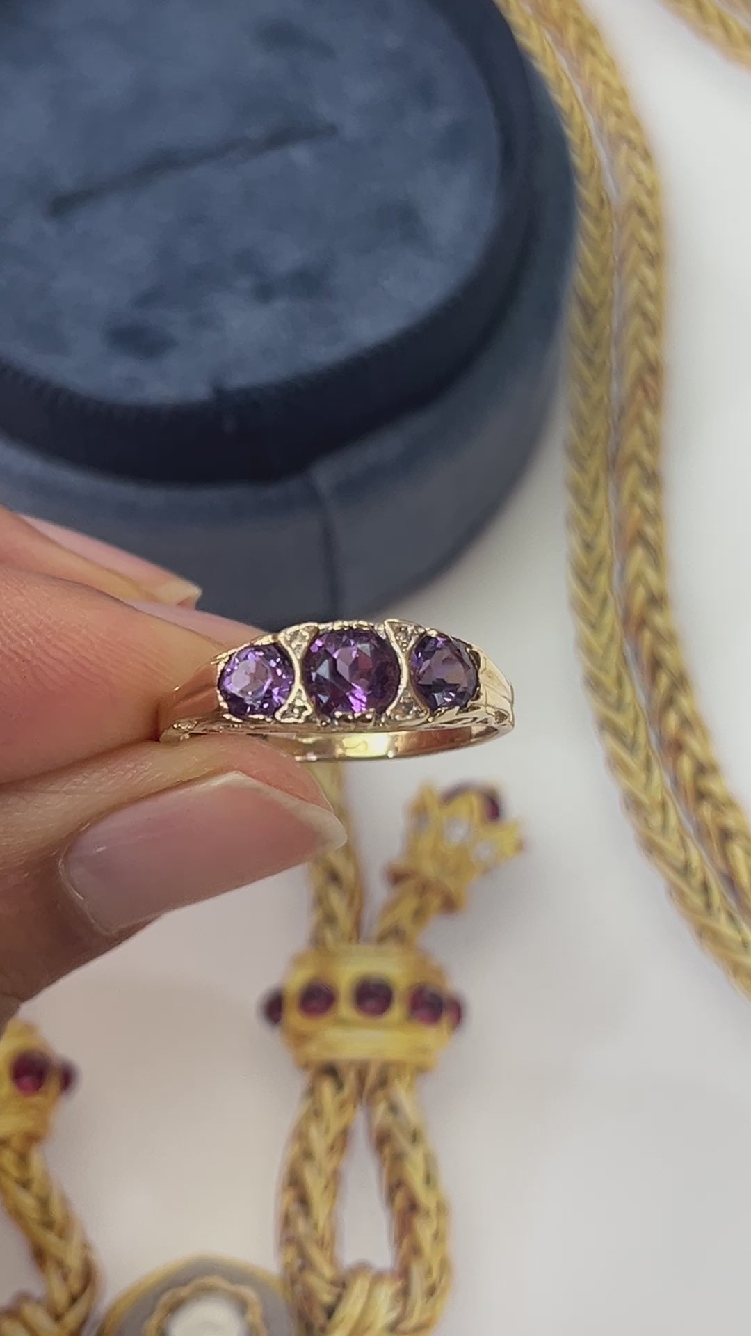 Victorian 14K Yellow Gold Three Stones Amethyst & Diamond Ring