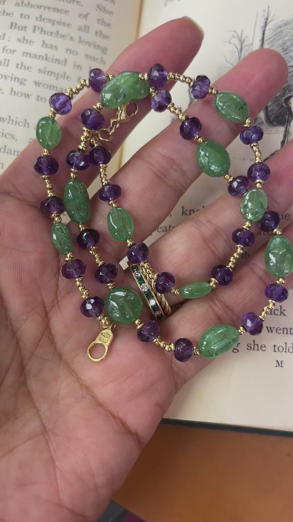 Vintage Italian Fluorite and Amethyst 18K Yellow Gold Necklace