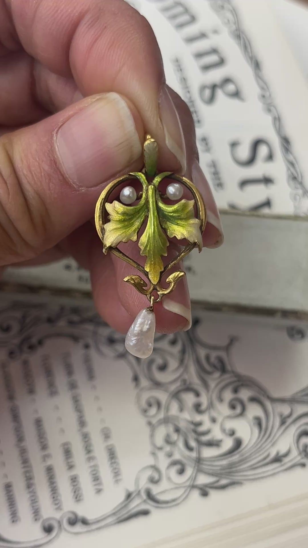Antique Art Nouveau Krementz Enamel Ivy Leaf 14K Yellow Gold Pearl Pendant.