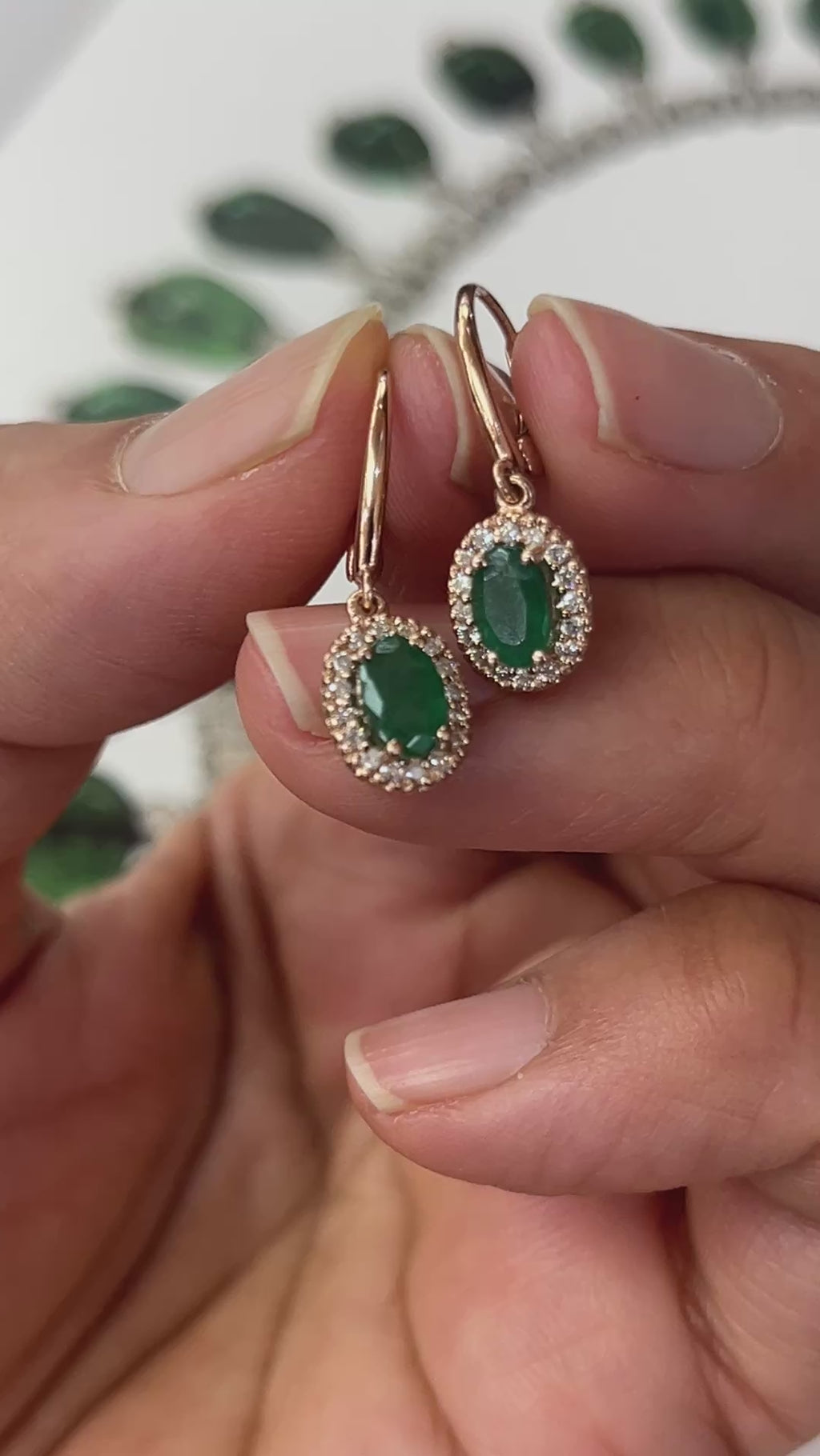 Vintage 14K Rose Gold Emerald & Diamond Dangling Earrings