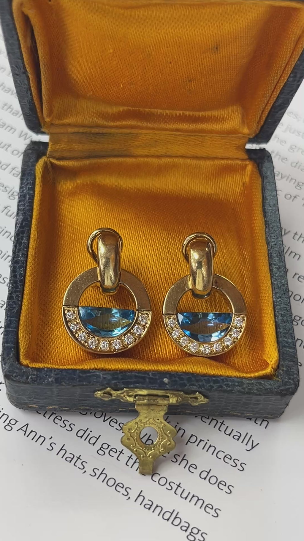 Vintage Movado 1980’s Style Rudius 18K Yellow Gold Blue Topaz & Diamond Earrings.
