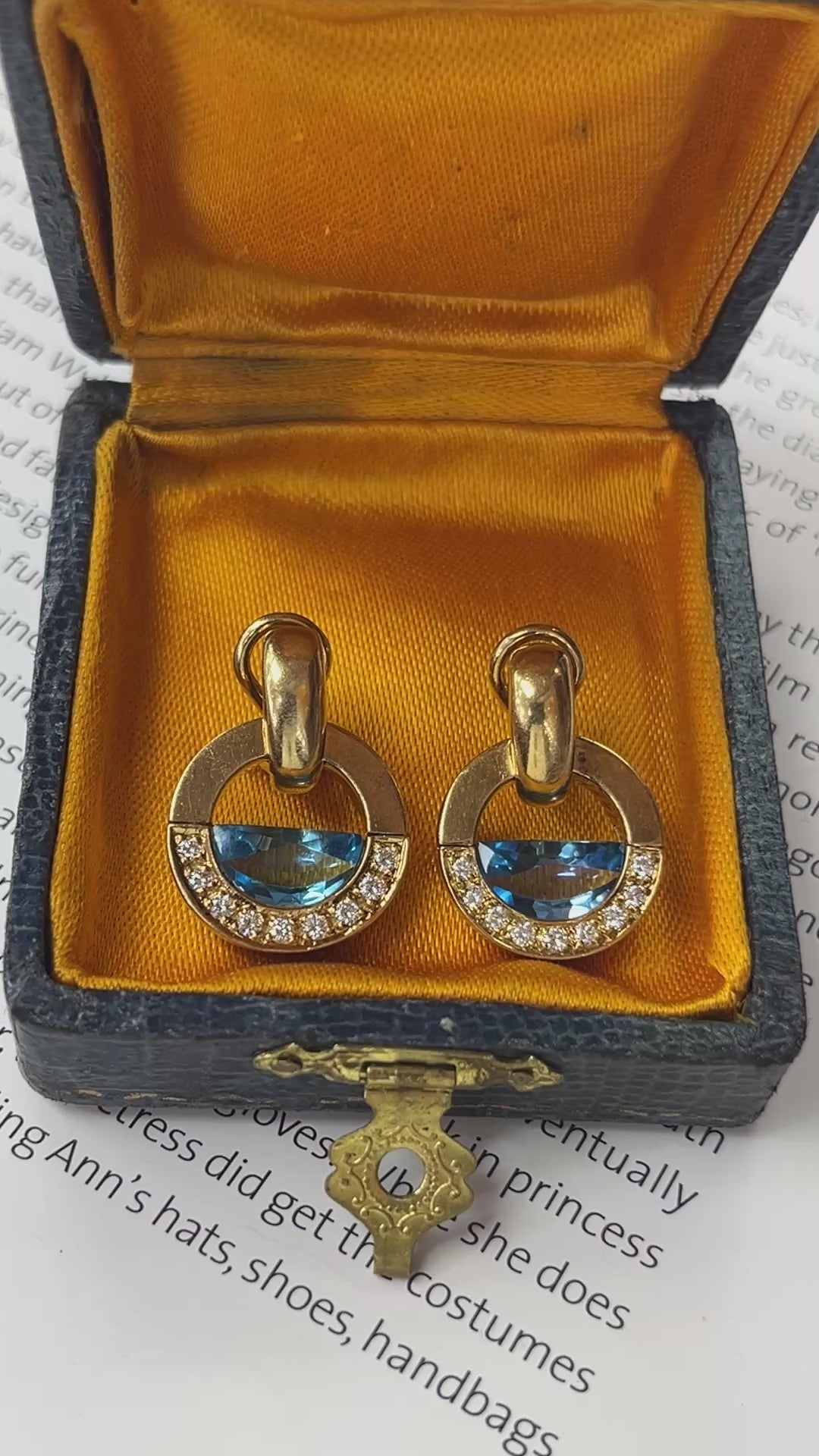 Vintage Movado 1980’s Style Rudius 18K Yellow Gold Blue Topaz & Diamond Earrings.