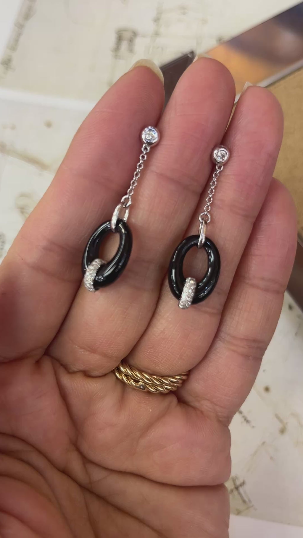 Vintage 14K White Gold Onyx Diamond Dangling Earrings