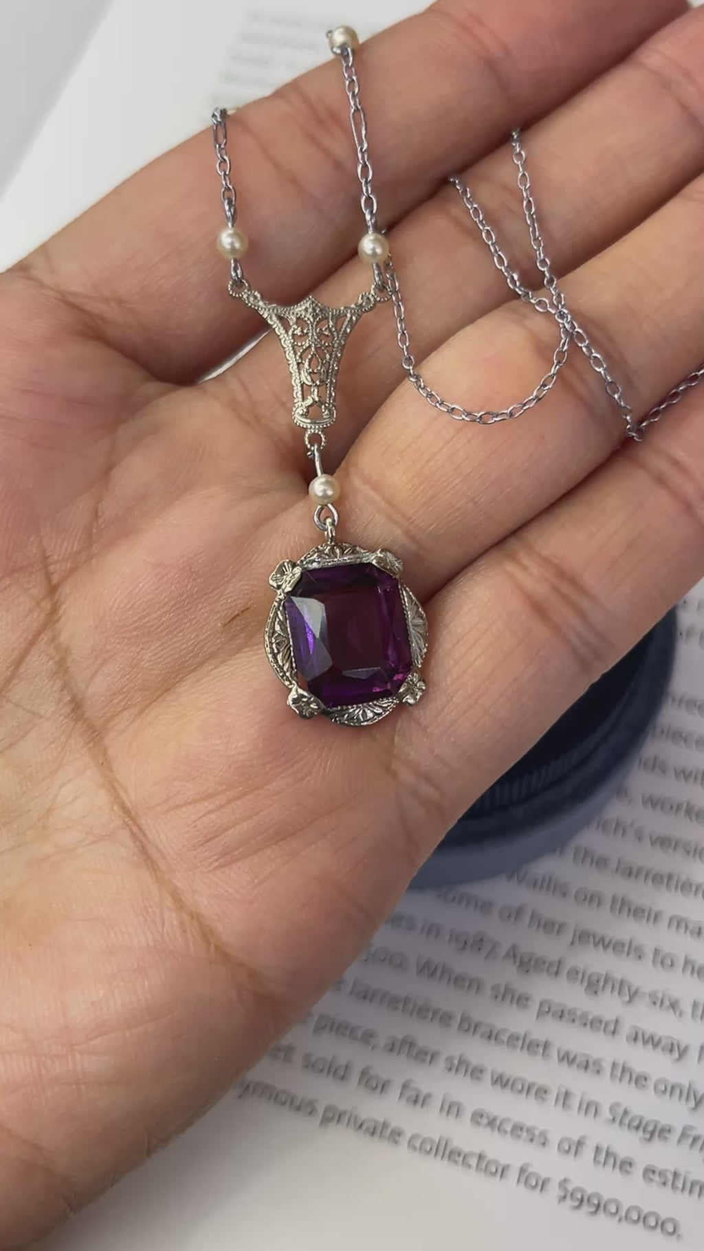 Antique Art Deco 14K White Gold Amethyst & Pearl Lariat Necklace