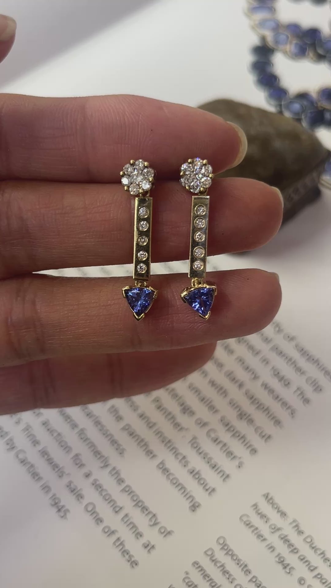 Vintage 14K Yellow Gold Tanzanite & Diamond Dangling Earrings