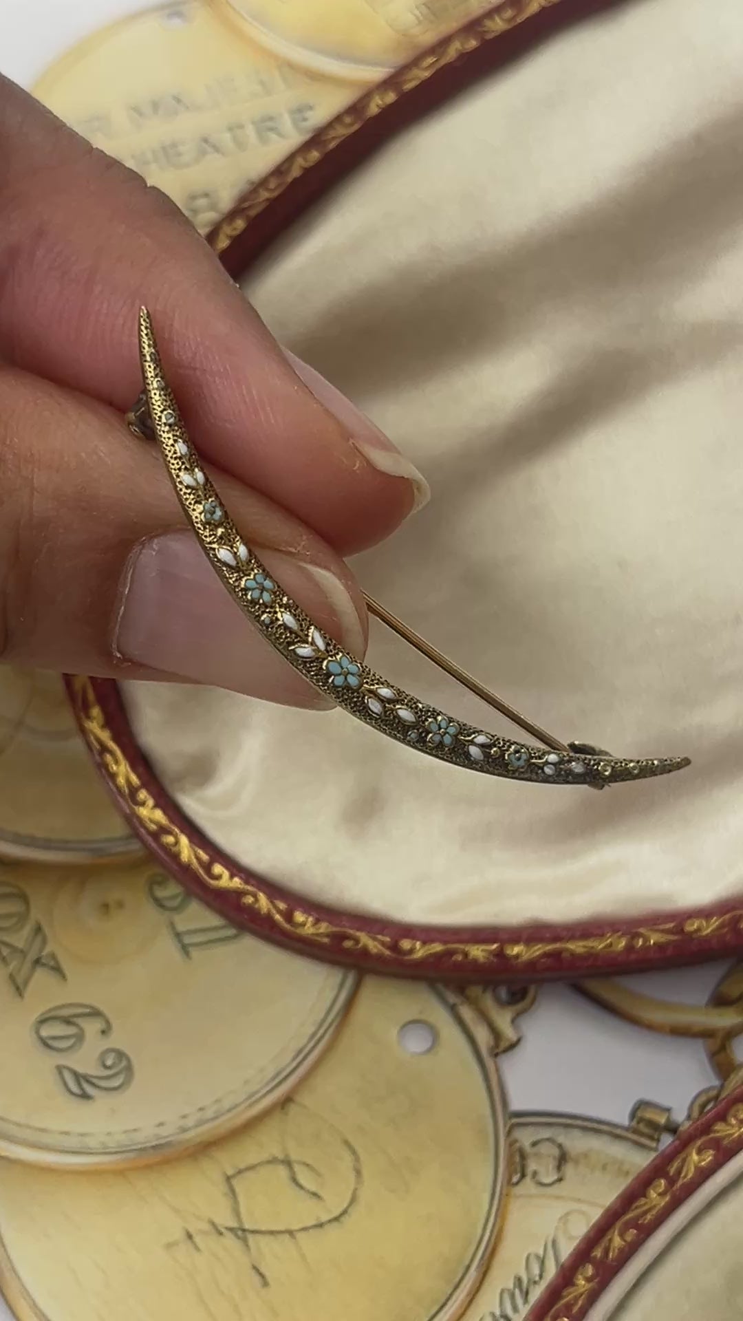 Antique Art Nouveau Krementz Crescent Enamel Forget Me Not Brooch