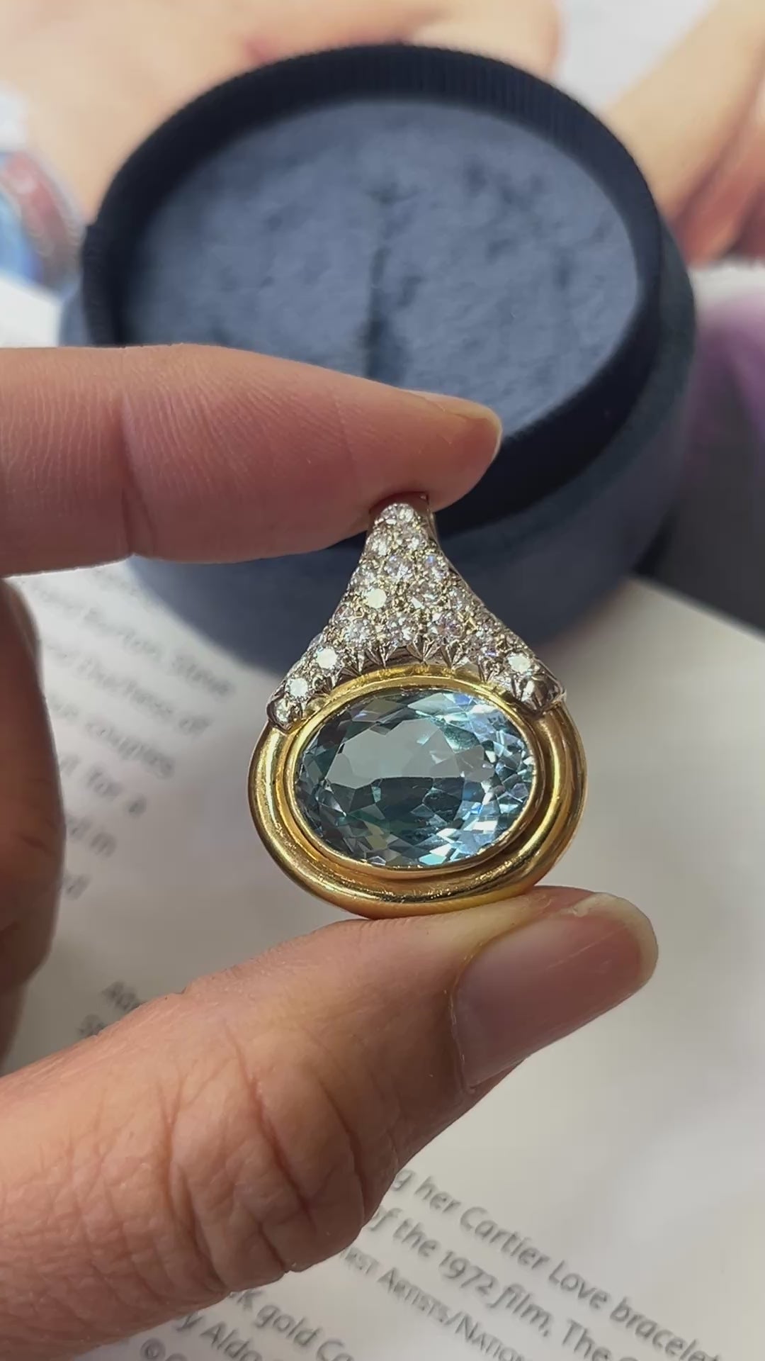 Vintage 18K Yellow Gold Blue Topaz and Diamond Pendant